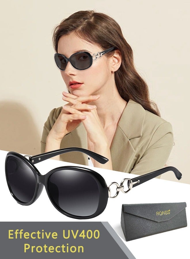 رويس نظارة شمسية مستقطبة بيضاوية نسائية، نظارة الشمس الواقية من الأشعة فوق البنفسجية 400 بإطار من المعدن وPC، ظلال شمس مضادة للوهج عصرية أنيقة للنساء مع حافظة النظارة، 67 ملم، أسود - Image 1