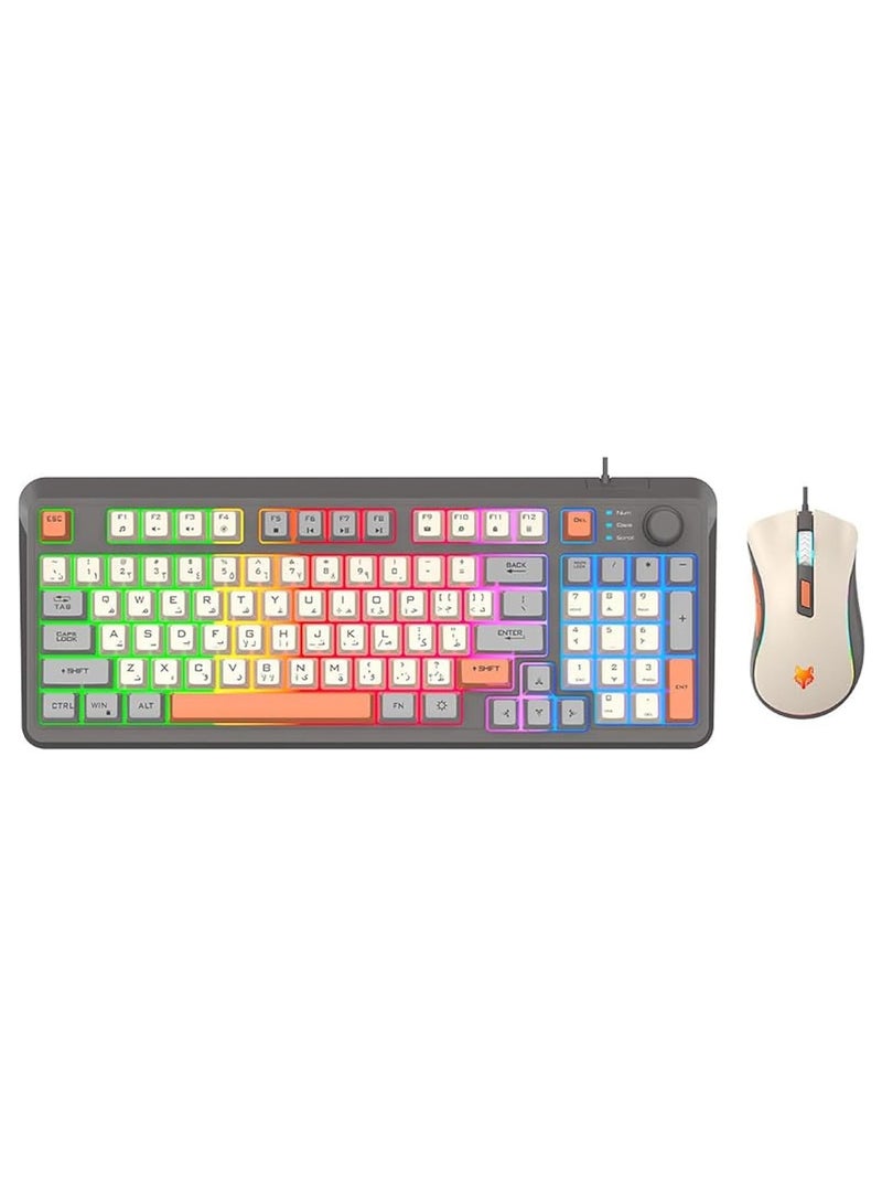 【Upgraded】 Wired English Arabic Gaming Keyboard and Mouse Set, Silent Keyboard with Adjustable RGB Rainbow Backlit and Independent Volume Adjustment Knob Keyboard and Mouse for Games (Gray) - Image 1