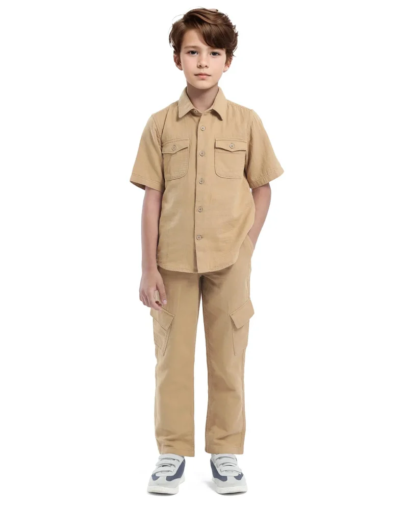 Rare Ones Rare Ones Kids Prest-K Tan Cotton Short Sleeve Button Closure Solid Regular Fit Shirt