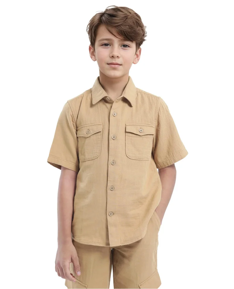 Rare Ones Rare Ones Kids Prest-K Tan Cotton Short Sleeve Button Closure Solid Regular Fit Shirt