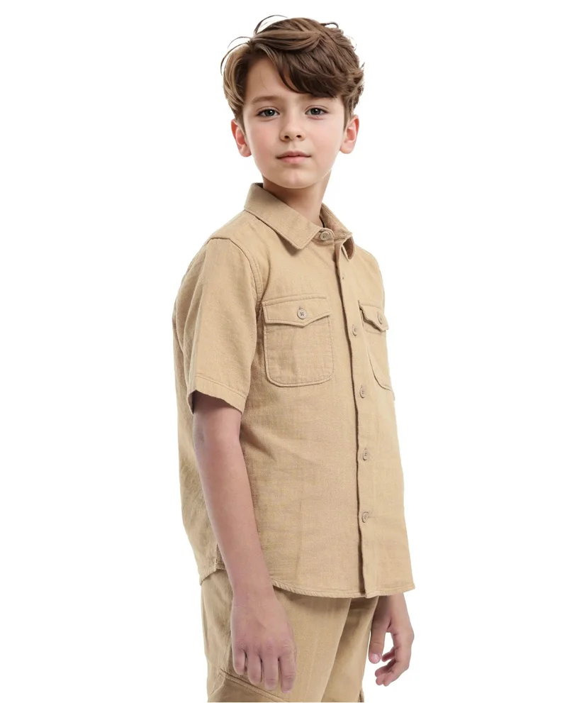 Rare Ones Rare Ones Kids Prest-K Tan Cotton Short Sleeve Button Closure Solid Regular Fit Shirt