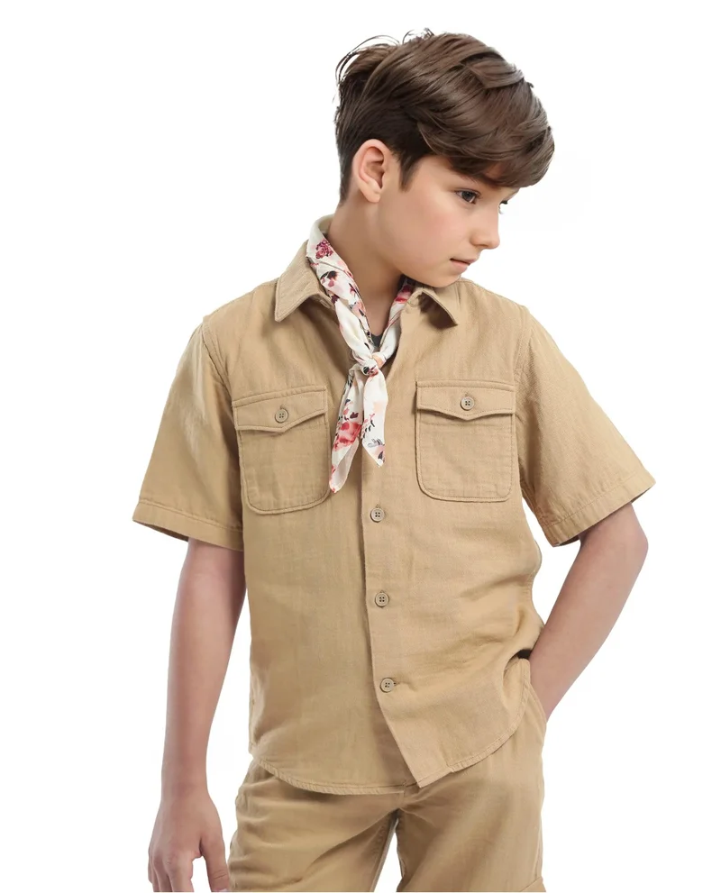 Rare Ones Rare Ones Kids Prest-K Tan Cotton Short Sleeve Button Closure Solid Regular Fit Shirt
