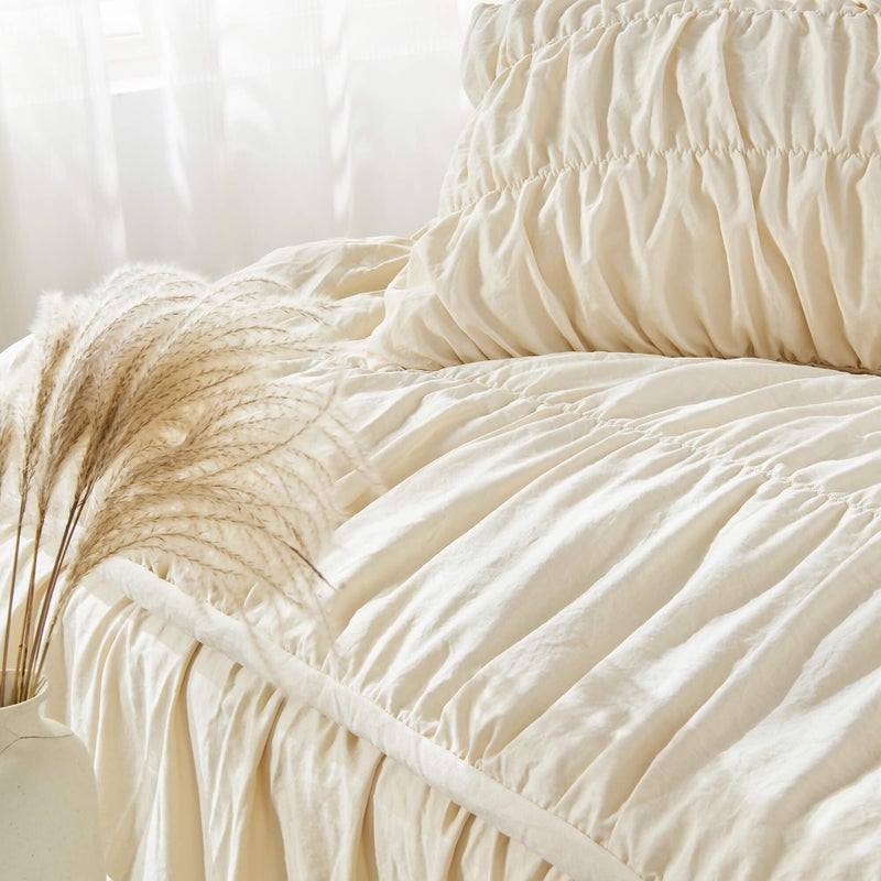 Bonlino King Size Comforter Set Bedding - Ruched Wheat Comforter King Bed Set Boho Shabby Chic Bedding for Bedroom Comforter Fluffy 3 Piece Ruffle Comforter Set with Pillow White Soft and Luxury - Image 3
