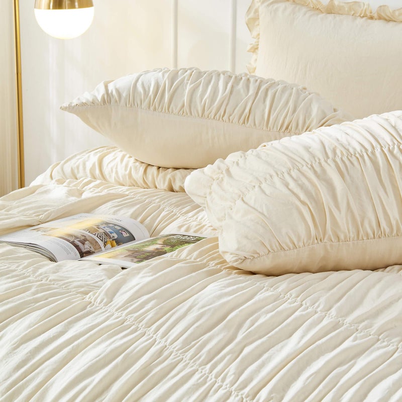 Bonlino King Size Comforter Set Bedding - Ruched Wheat Comforter King Bed Set Boho Shabby Chic Bedding for Bedroom Comforter Fluffy 3 Piece Ruffle Comforter Set with Pillow White Soft and Luxury - Image 4