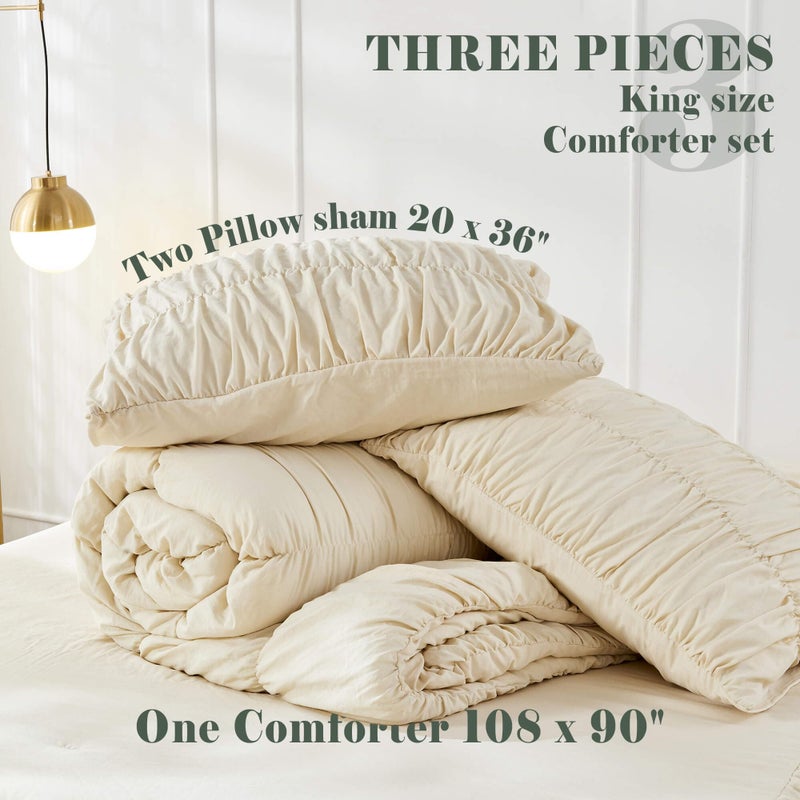 Bonlino King Size Comforter Set Bedding - Ruched Wheat Comforter King Bed Set Boho Shabby Chic Bedding for Bedroom Comforter Fluffy 3 Piece Ruffle Comforter Set with Pillow White Soft and Luxury - Image 5