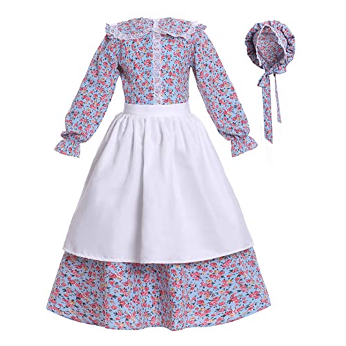 Vibsion Girls Pioneer Prairie Costume Pilgrim Dress Kids Floral Colonial Village Girl Costumes Bonnet Apron Set - Image 1