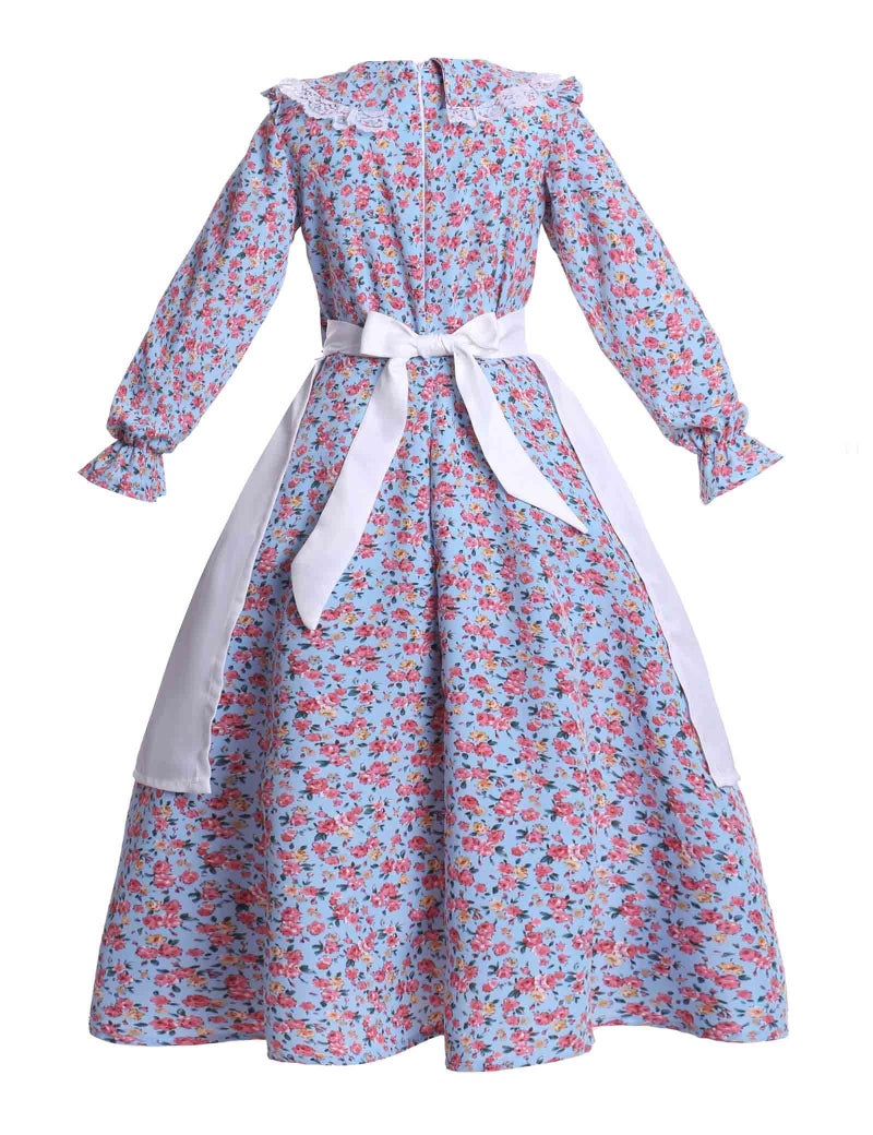 Vibsion Girls Pioneer Prairie Costume Pilgrim Dress Kids Floral Colonial Village Girl Costumes Bonnet Apron Set - Image 2