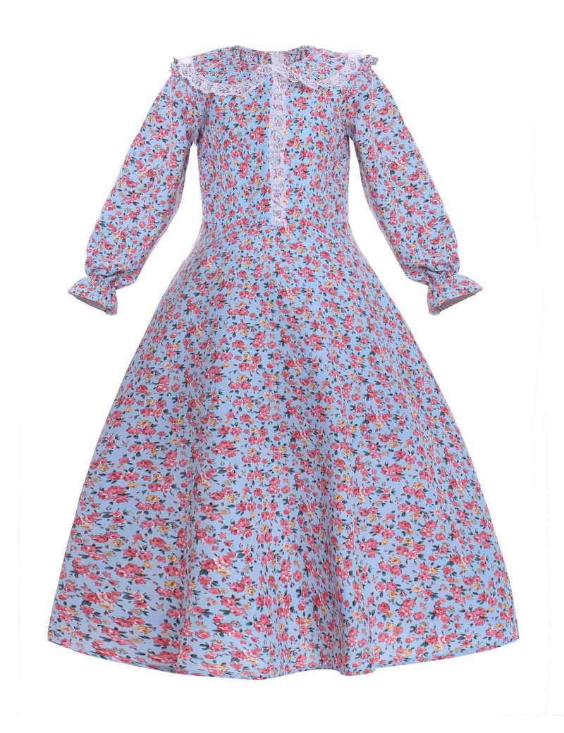 Vibsion Girls Pioneer Prairie Costume Pilgrim Dress Kids Floral Colonial Village Girl Costumes Bonnet Apron Set - Image 3