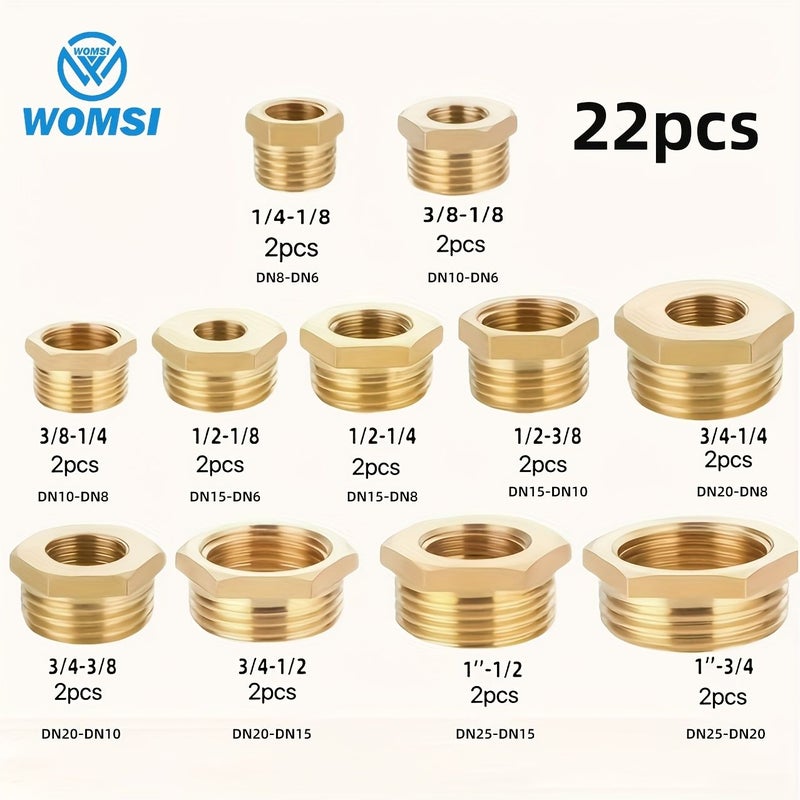 22 قطعة من تجهيزات تقليل النحاس الثقيلة، مجموعة محولات سداسية (هيكس بوش) بخيوط من 1/8 بوصة إلى 1 بوصة، خارجية وداخلية، لتطبيقات السباكة والتدفئة والتبريد وتكييف الهواء والسيارات والصناعة، متوافقة مع خيوط NPT وG. - Image 5