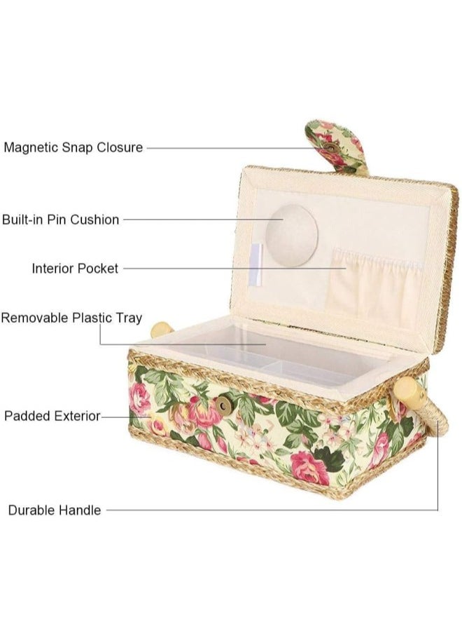 silvercnc - Fabric Sewing Basket, Sewing Box Organizer Sewing Kit Basket Builtin Pin Cushion Interior Pocket for Sewing Tools Sewing Supplies(Rose Patten) - Image 1