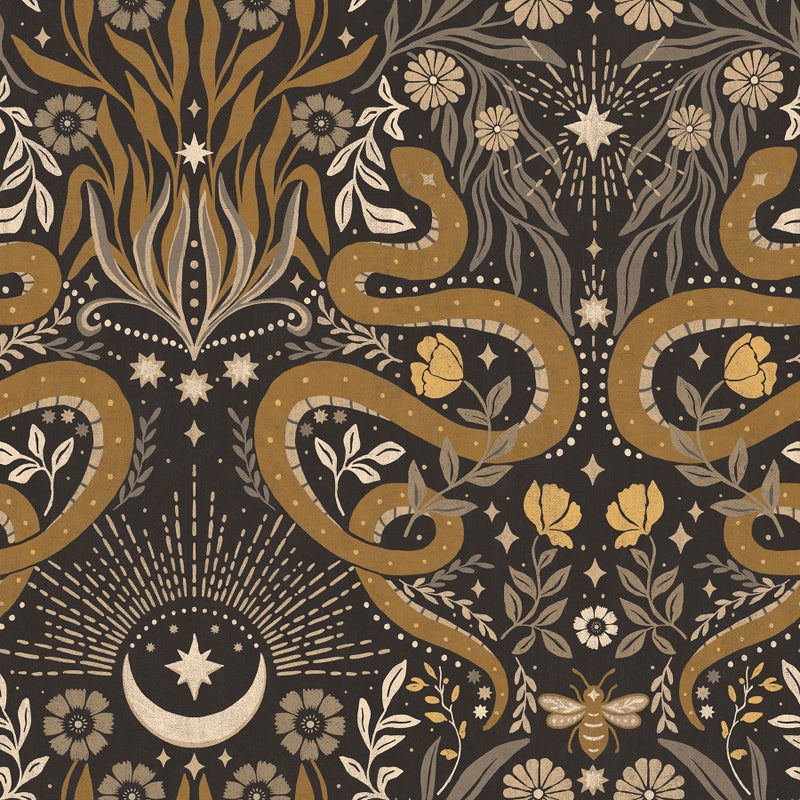 RoomMates Mystic Serpent Black Gold Peel and Stick Wallpaper 18 ft x 205 in Vinyl No Sticky Residue for Smooth Surfaces - Image 2