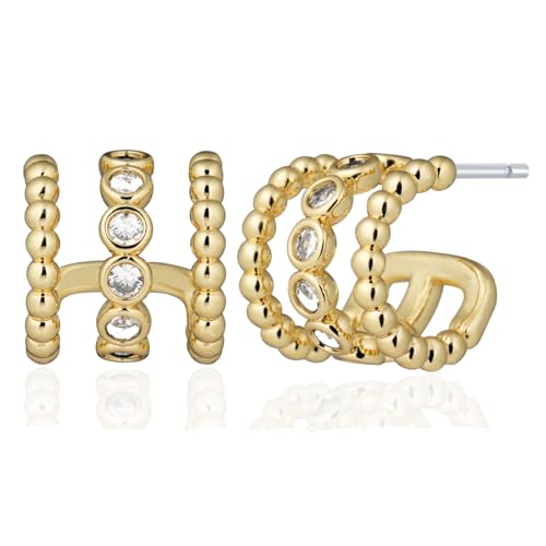 Obidos 14K Gold Plated Illusion Stud Earrings for Women | Triple Huggie Hoop Earrings for One Hole - Image 1