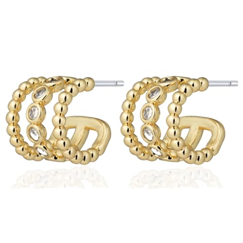 Obidos 14K Gold Plated Illusion Stud Earrings for Women | Triple Huggie Hoop Earrings for One Hole - Image 5