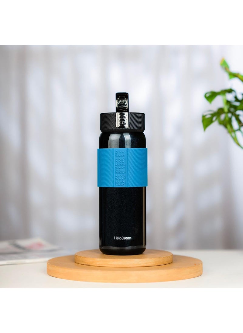 RAJWILA STORE Rajwila Stainless Steel Vacuum Insulated Water Bottle 500ml Hot Cold Thermos Flask Leak Proof with Wide Mouth Strap for Home Office Gym Sports School Outdoor Black 