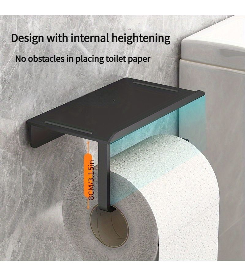 Grey Minimalist Wall Mounted Toilet Paper Holder No Drilling Required Adhesive Installation ABS Material For Kitchen Bathroom Tissue Storage Rack With Top Shelf - Image 2