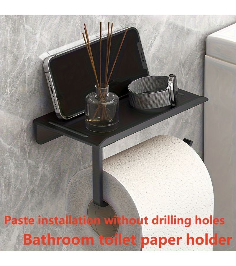 Grey Minimalist Wall Mounted Toilet Paper Holder No Drilling Required Adhesive Installation ABS Material For Kitchen Bathroom Tissue Storage Rack With Top Shelf - Image 1