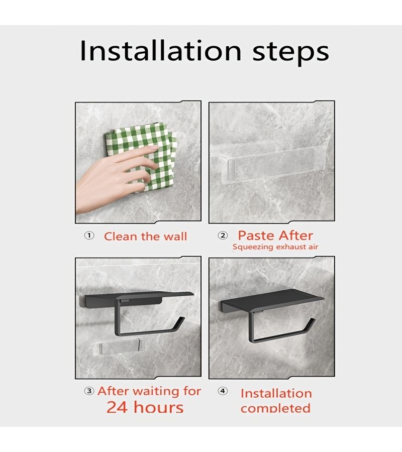 Grey Minimalist Wall Mounted Toilet Paper Holder No Drilling Required Adhesive Installation ABS Material For Kitchen Bathroom Tissue Storage Rack With Top Shelf - Image 5