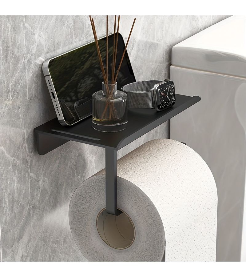 Grey Minimalist Wall Mounted Toilet Paper Holder No Drilling Required Adhesive Installation ABS Material For Kitchen Bathroom Tissue Storage Rack With Top Shelf - Image 3