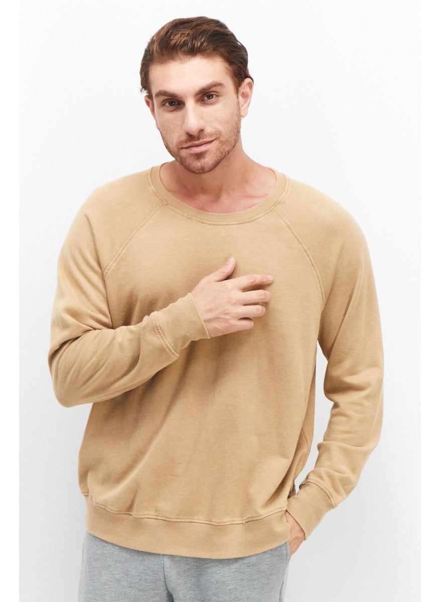 And Now This - Men Crew Neck Plain Solid Sweatshirt, Tan - Image 1
