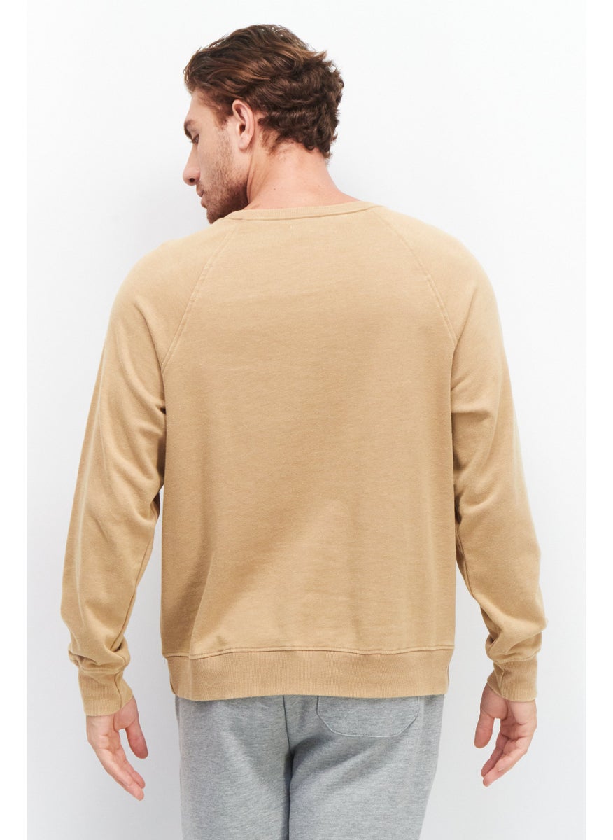 And Now This - Men Crew Neck Plain Solid Sweatshirt, Tan - Image 1