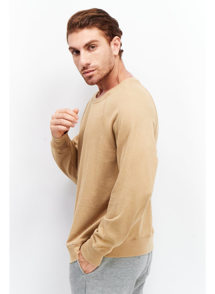 And Now This - Men Crew Neck Plain Solid Sweatshirt, Tan - Image 1