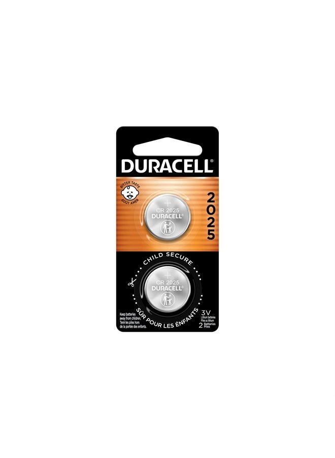 Duracell بطارية ليثيوم دوراسيل CR2025 3 فولت، ميزات أمان للأطفال، عبوة تحتوي على 2، بطارية عملة ليثيوم لمفتاح السيارة، جهاز التحكم عن بعد، جهاز قياس السكر، خلية ليثيوم 3 فولت - Image 1