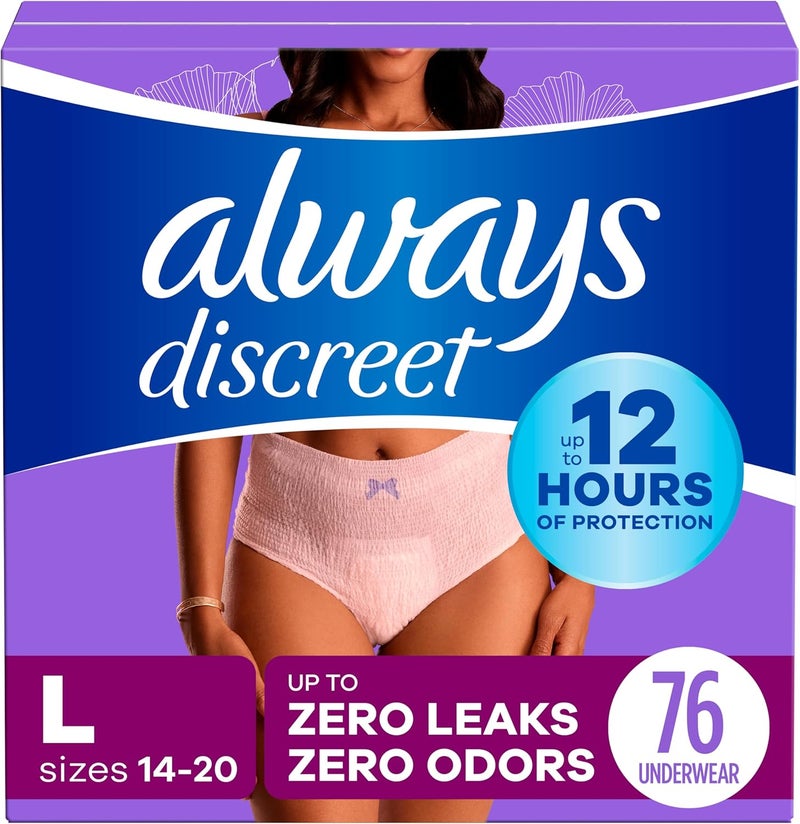 Always Discreet Always Discreet Adult Incontinence Underwear for Women and Postpartum Underwear, L, Up to 100%* Bladder Leak Protection, 76 CT,