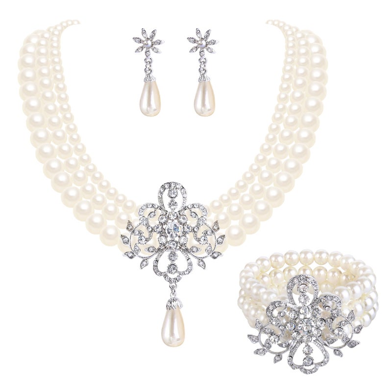 EleQueen Women's Silver-Tone Simulated Pearl Crystal Victorian Style Flower Bridal Necklace Earrings Bracelet Set Ivory Color - Image 1