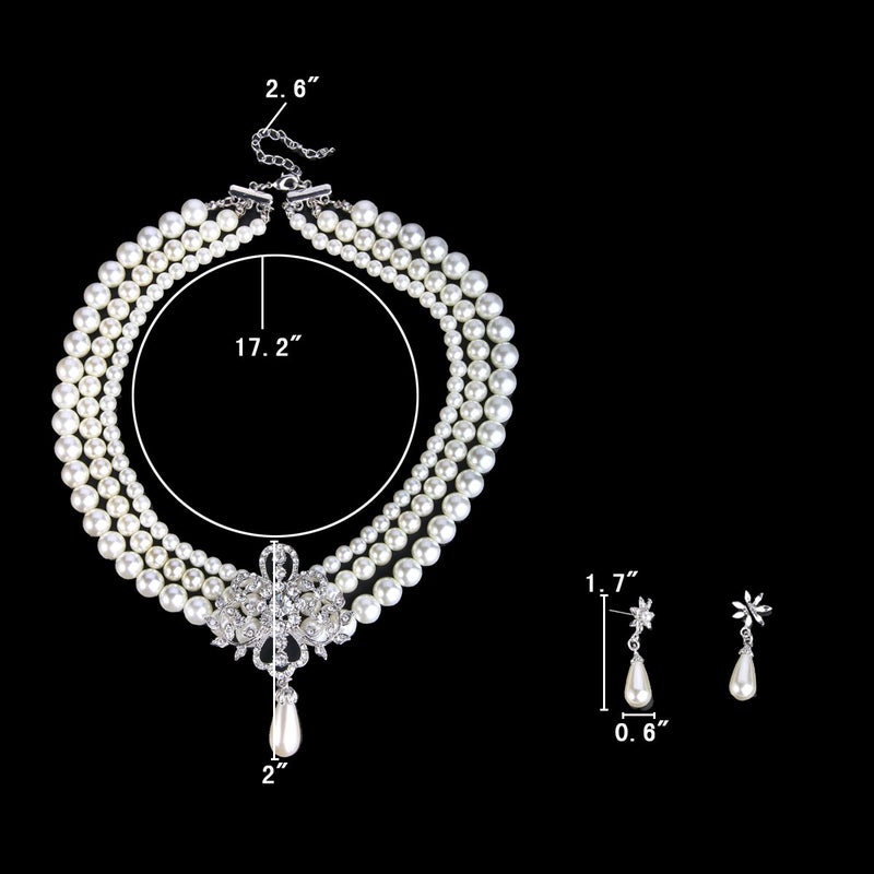 EleQueen Women's Silver-Tone Simulated Pearl Crystal Victorian Style Flower Bridal Necklace Earrings Bracelet Set Ivory Color - Image 4