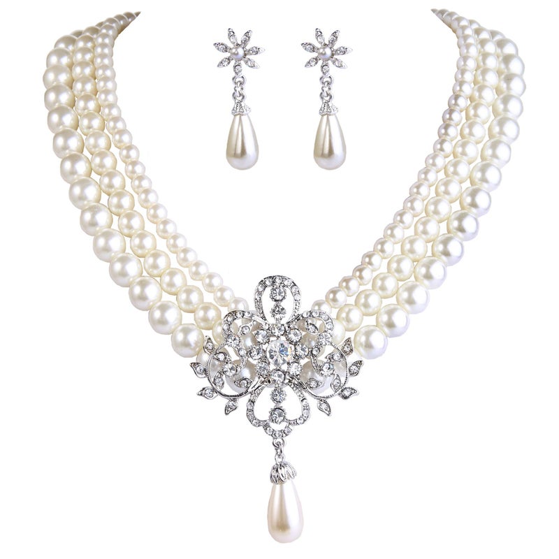 EleQueen Women's Silver-Tone Simulated Pearl Crystal Victorian Style Flower Bridal Necklace Earrings Bracelet Set Ivory Color - Image 5