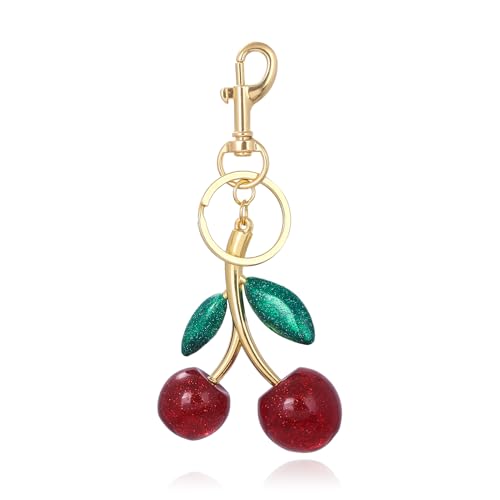 SORGERLY Cherry Bag Charm Keychain - Cute Purse Handbag Fruit Accessories - Beautiful Birthday Gift for Women (Red&Green) - Image 1