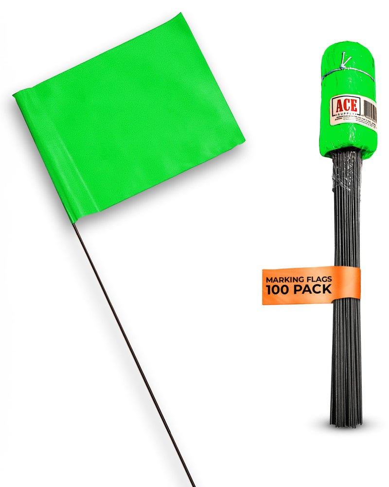 ACE Supply Green Marking Flags 100 Pack - 4x5x15 Inch Green Flags for Yard - Markers For Lawn, Irrigation, Landscaping, Survey & Sprinkler Head Marking  - Image 1
