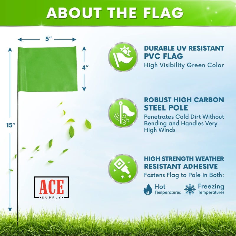 ACE Supply Green Marking Flags 100 Pack - 4x5x15 Inch Green Flags for Yard - Markers For Lawn, Irrigation, Landscaping, Survey & Sprinkler Head Marking  - Image 2