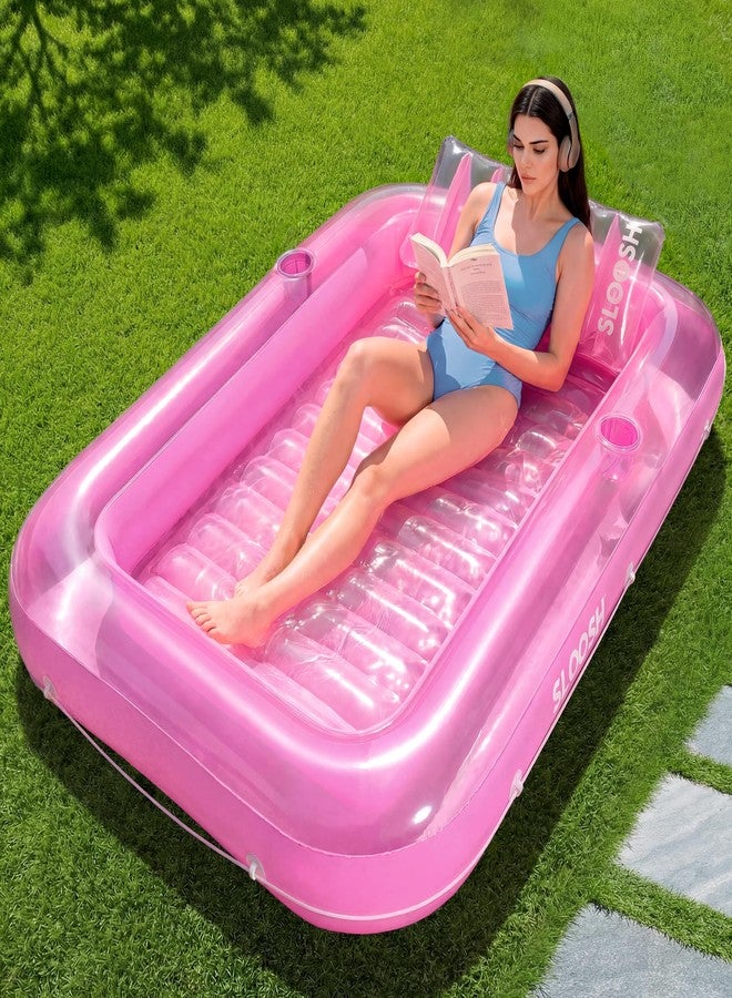 SLOOSH Inflatable Tanning Pool Lounger Float, 70" x 46" Pool Floats Adult with Pillow, 4 in 1 Suntan Tub Raft Floatie,Sunbathing Bed Lounge for Water Blow Up Kids Ball Pit Party Gifts, L-Pink - Image 1
