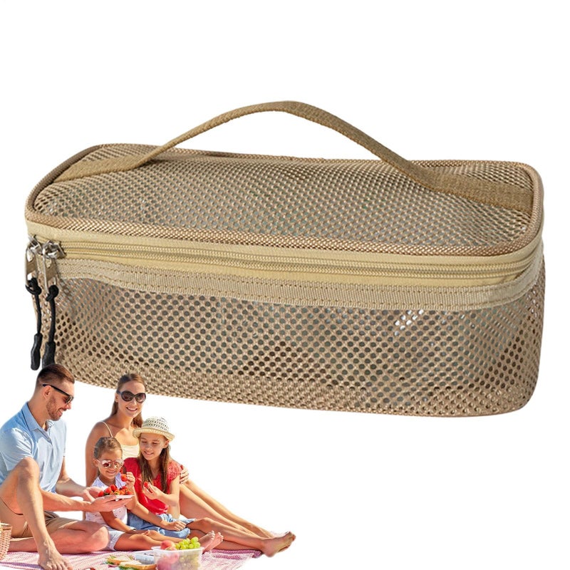 Khaki Camping Storage Bag Zippered Mesh Organizer For Travel Picnic Barbecue Cooking - Image 2