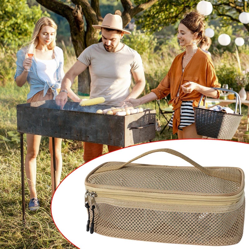 Khaki Camping Storage Bag Zippered Mesh Organizer For Travel Picnic Barbecue Cooking - Image 4