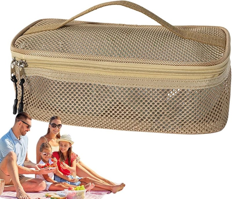 Khaki Camping Storage Bag Zippered Mesh Organizer For Travel Picnic Barbecue Cooking - Image 1