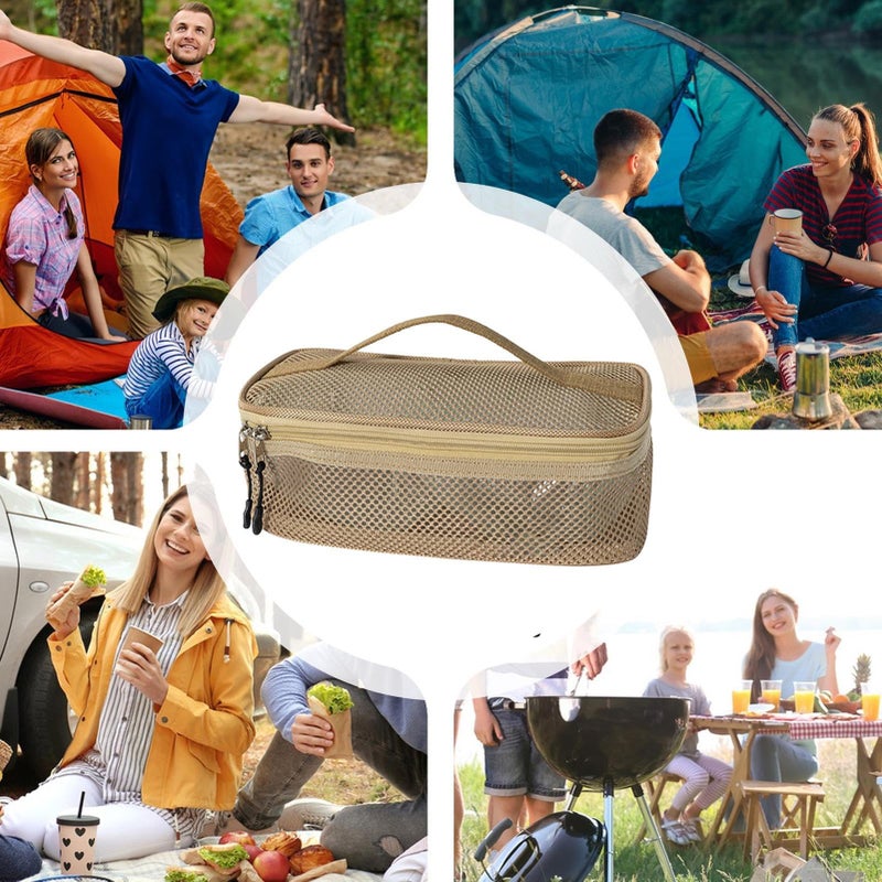 Khaki Camping Storage Bag Zippered Mesh Organizer For Travel Picnic Barbecue Cooking - Image 5