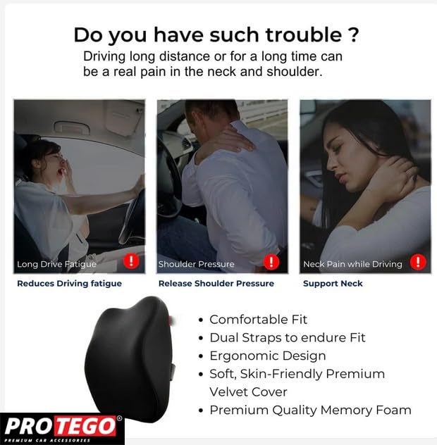 PROTEGO Universal Memory Foam Car Neck Rest Pillow with Washable Velvet Cover | Relieves Neck Pain | Ergonomic Support Orthopedic Cushion Ultra Soft| for All Hatchback SUV Sedan Cars |Black (Medium) - Image 4
