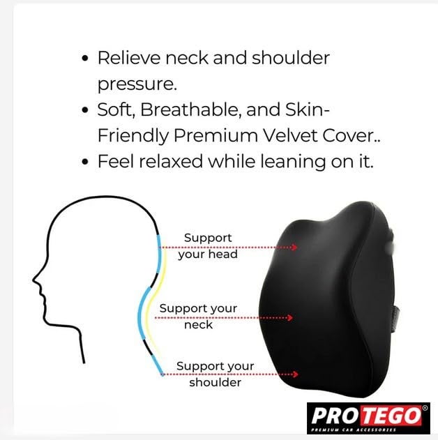 PROTEGO Universal Memory Foam Car Neck Rest Pillow with Washable Velvet Cover | Relieves Neck Pain | Ergonomic Support Orthopedic Cushion Ultra Soft| for All Hatchback SUV Sedan Cars |Black (Medium) - Image 3