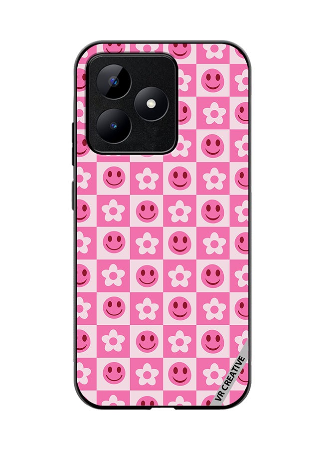 VR CREATIVE Protective Case Cover For Realme C53 Checkered Hot Pink Retro Flowers And Happy Faces Seamless Pattern Design Multicolour - Image 1