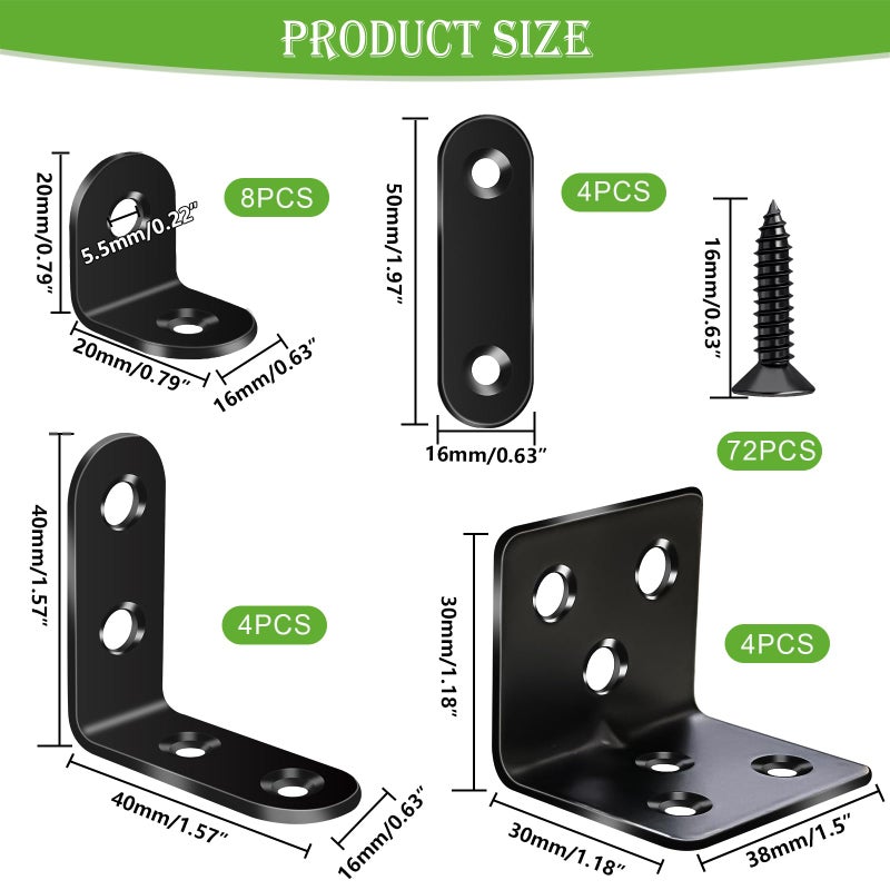 mxuteuk 96PCS L Brackets for Shelves & Flat Plate Straight Bracket,Black Stainless Steel Shelf Brackets,L Shape Heavy Duty Metal Corner Brace for Wood Furniture Cabinet Chair (0.78,1.2,1.57,1.97inch) - Image 2
