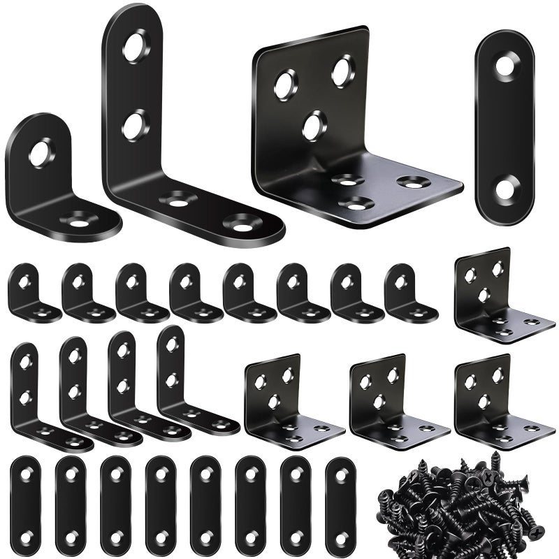 mxuteuk 96PCS L Brackets for Shelves & Flat Plate Straight Bracket,Black Stainless Steel Shelf Brackets,L Shape Heavy Duty Metal Corner Brace for Wood Furniture Cabinet Chair (0.78,1.2,1.57,1.97inch) - Image 1