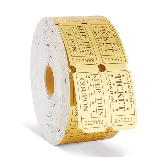 Amviner 1000 Golden Raffle Tickets Double Roll Tickets for Events, Classroom Reward, Carnivals, Family Games, Door Prizes, Entry, Bingo, Auction, Metallic Gold Foil Tickets - Image 1