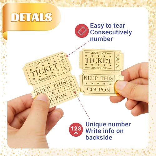 Amviner 1000 Golden Raffle Tickets Double Roll Tickets for Events, Classroom Reward, Carnivals, Family Games, Door Prizes, Entry, Bingo, Auction, Metallic Gold Foil Tickets - Image 3