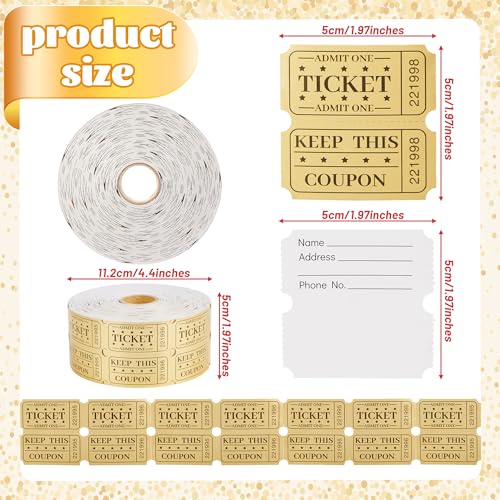 Amviner 1000 Golden Raffle Tickets Double Roll Tickets for Events, Classroom Reward, Carnivals, Family Games, Door Prizes, Entry, Bingo, Auction, Metallic Gold Foil Tickets - Image 2