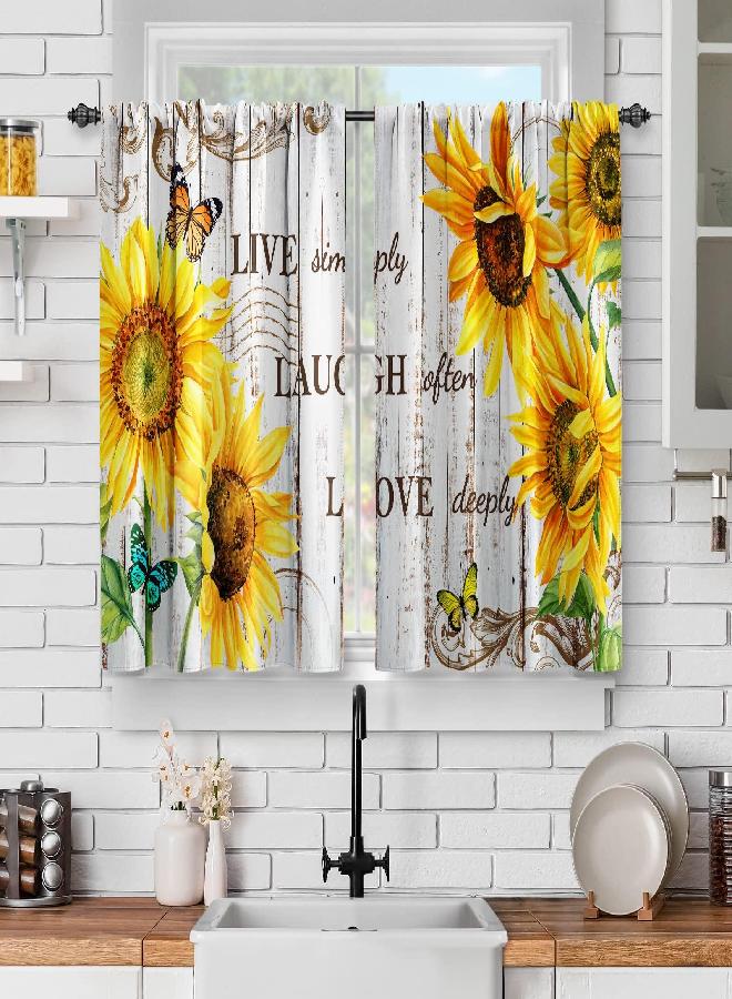 Jekeno Jekeno Sunflower Floral Kitchen Curtains - Flowers Butterfly Short Cafe Curtains Old Rustic Wood Farmhouse Barn Door Decor for Dining Living Room Rod Pocket Window Drapes 2 Panels Set, 28"x36"  - Image 1