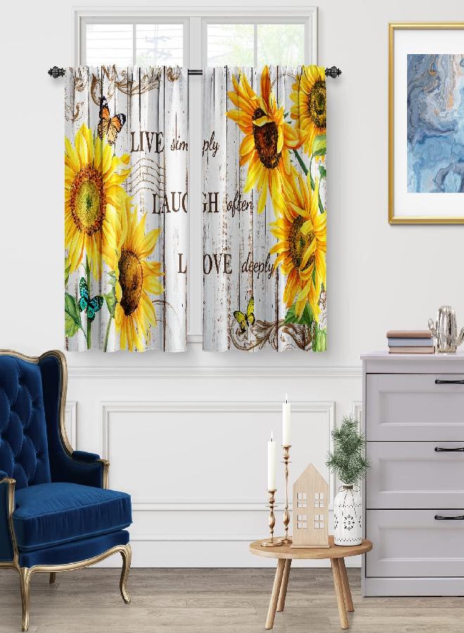 Jekeno Jekeno Sunflower Floral Kitchen Curtains - Flowers Butterfly Short Cafe Curtains Old Rustic Wood Farmhouse Barn Door Decor for Dining Living Room Rod Pocket Window Drapes 2 Panels Set, 28"x36"  - Image 2