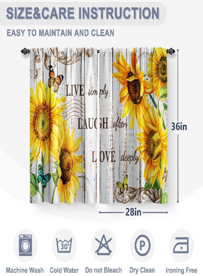 Jekeno Jekeno Sunflower Floral Kitchen Curtains - Flowers Butterfly Short Cafe Curtains Old Rustic Wood Farmhouse Barn Door Decor for Dining Living Room Rod Pocket Window Drapes 2 Panels Set, 28"x36"  - Image 3
