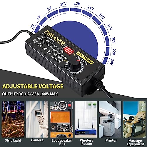 Meiyue 144W Adjustable Power Supply Adapter 3V~24V 6A Universal Variable Switching Power Adapter 100V-240V AC to DC Converter Transformer with 14 Tips&Polarity Converter3V 5V 6V 9V 12V 15V 16V 18V19V20V24V - Image 5